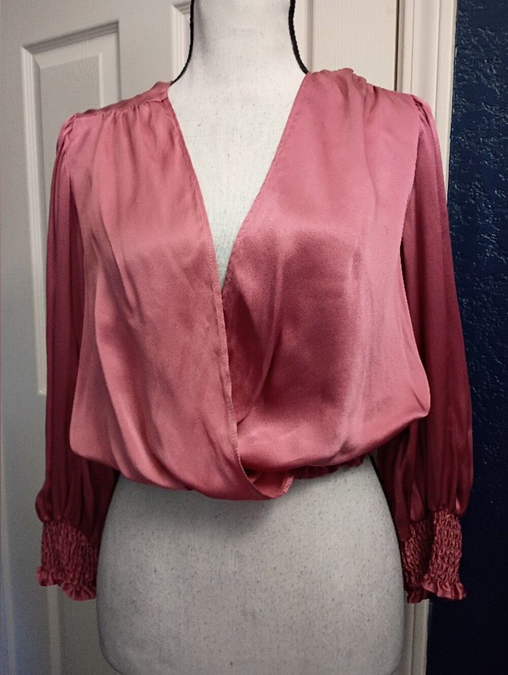 Amanda Uprichard Dusty Rose Satin Surplice Blouse